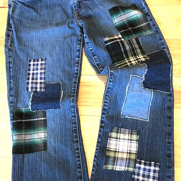 Flannel Patchwork Jeans, 8: Upcycled Flared Grunge Hippie Jeans, Funky Pants - Picture 5 of 15
